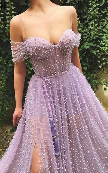 Off-the-shoulder Empire A-line Front Split Illusion Prom Dress with Crystal Detailings