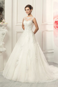 Ball Gown Floor-Length Jewel Sleeveless Illusion Lace Tulle Dress With Appliques