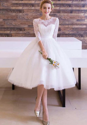 Long Sleeve Jewel Neck Pleated Tea Length Lace Dress