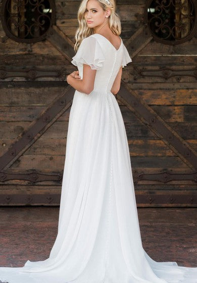 Casual V-neck Chiffon A Line Floor-length Brush Train Short Sleeve Wedding Dress with Ruffles