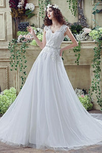 Timeless Lace Appliques Tulle Wedding Dress Cap Sleeve Beadings Zipper