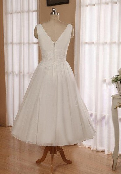 V-Neck Sleeveless Tea-Length Chiffon Wedding Dress With Ruching And Low-V Back