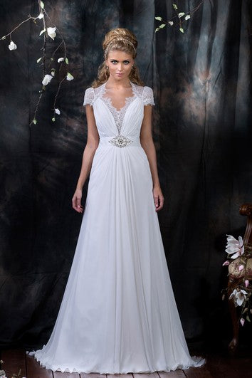 A-Line Floor-Length V-Neck Cap-Sleeve Illusion Chiffon Dress With Lace And Beading