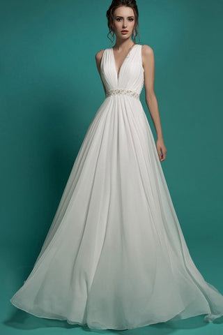 A-Line Floor-Length V-Neck Sleeveless Empire Illusion Chiffon Dress With Beading And Ruching