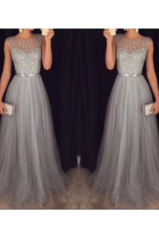 A-line Scoop Sleeveless Tulle Beading Sweep Train Dresses