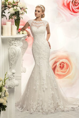 Trumpet Floor-Length Jewel Cap-Sleeve Illusion Lace Dress With Appliques And Waist Jewellery