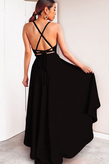 High-Low Sexy A Line Plunging Neck Evening Dress