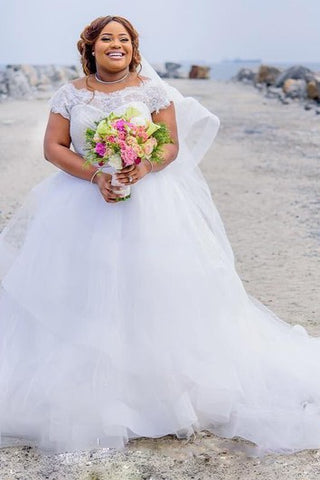 Gorgeous Plus Size Wedding Dresses Summer Lace Cap Sleeves A Line Beach Bridal Gowns With Pink Ribbon Sash Tulle Puffy Wedding Dresses