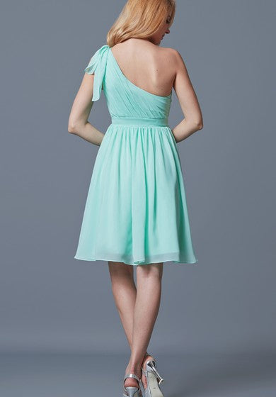 Sassy One Shoulder Pleated Short Chiffon Dress With Bow