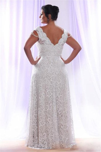 Removable Long Sleeves V Neck Floor Length A Line Lace Plus Size Wedding Dress