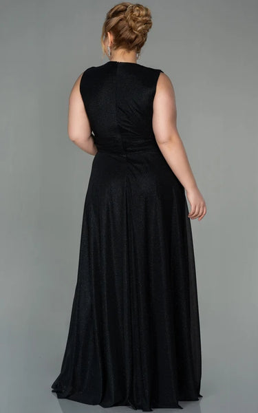 Sequin V-neck Sheath Slit Front Poet-sleeve Plus Size Evning Dress