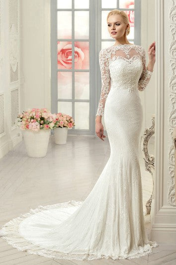 Sheath Long Jewel Long-Sleeve Illusion Lace Dress With Appliques