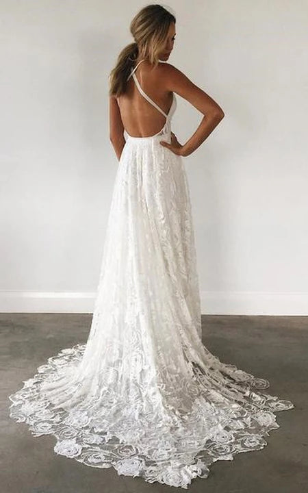 Abito da sposa da facciata in pizzo senza maniche spaghetti