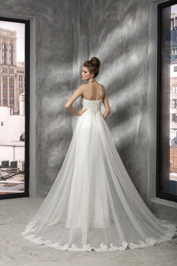 Imperio hasta el piso Sweetheart sin mangas, apliques de corsé