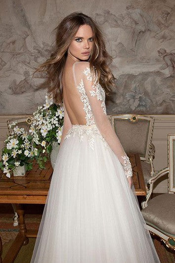 A-Line Long Sleeve Sweep Train Backless Tulle and Lace Dress