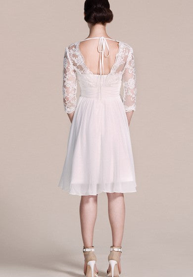 3-4 Sleeved V-neck Knee-length Dress With Lace