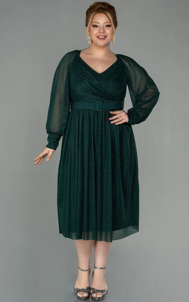 Casual Long Sleeve V-neck Criss-cross Empire Tea-length Plus Size Mother of Bride Dress