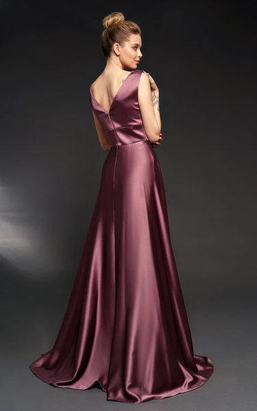 V-neck Sleeveless Satin Dress with Beadings and Low-v Back