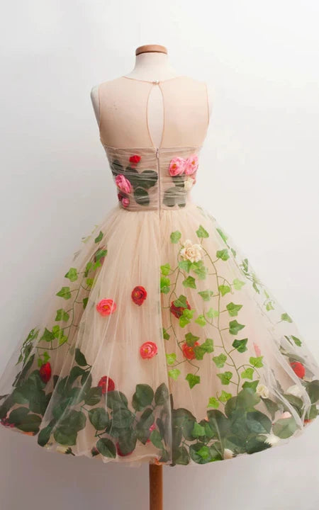 Květinové šaty bez rukávů s výstřihem do oblouku, tylová iluze, korálové plesové šaty