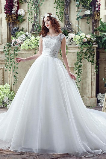 Elegant Illusion Lace Beadings Wedding Dress Cap Sleeve Zipper