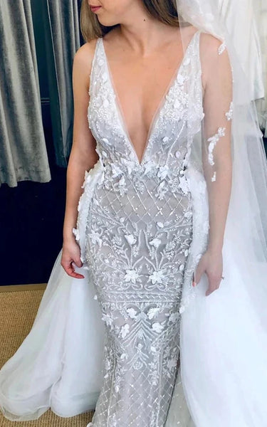 Mermaid Sexy Luxury Applique Bodycon Wedding Dress with Detachable Train