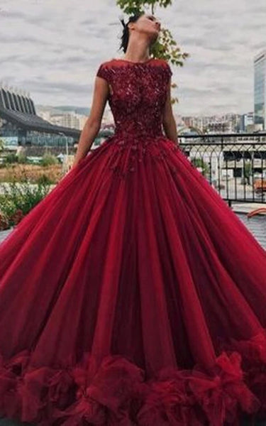 Cap Scoop-neck Red Ball Gown Quinceanera Ruffled Prom Dress