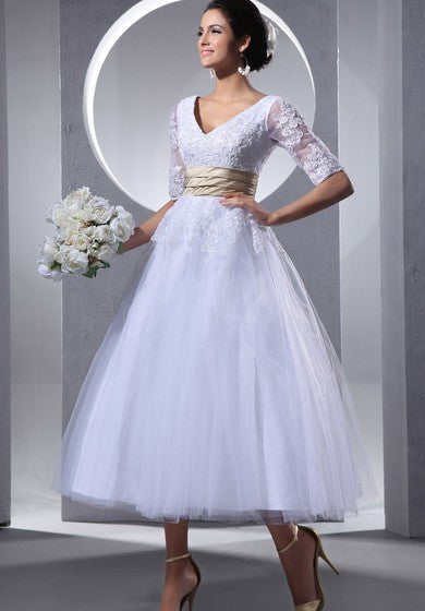 Half-Sleeve V-Neck Tea-Length Dress With Tulle Overlay