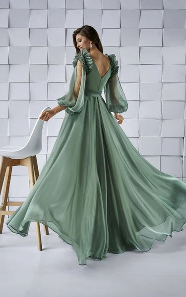 Puff-long-sleeve Chiffon Satin Dress with Bow and Ruffle