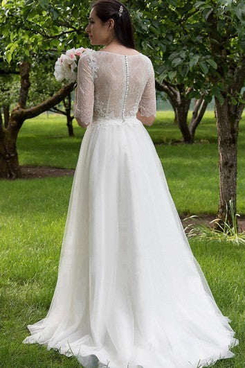 Half Sleeve Lace and Tulle Dress With Bateau Neckline and Illusion Back