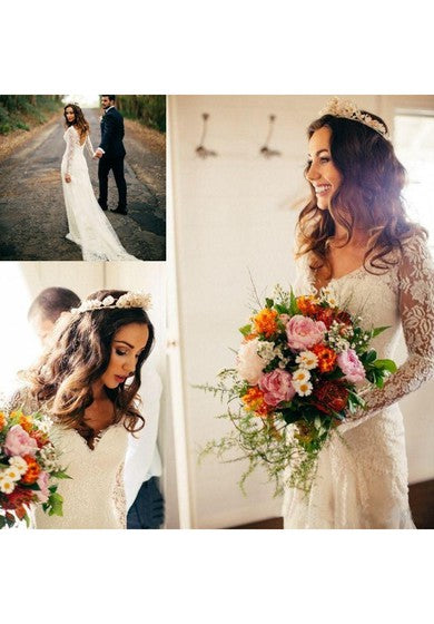 Mangas largas bohemias románticas Sexy Vestido de boda de encaje sin cuello profundo V cuello