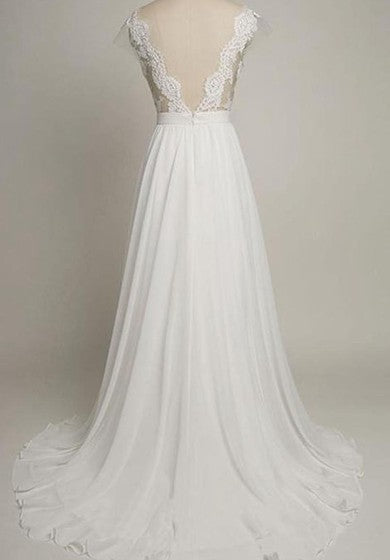 A-Line Sweetheart Cap Sweep Train Backless Chiffon and Lace Dress