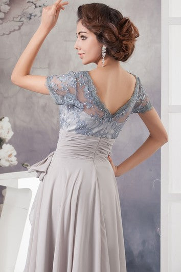 Chiffon Pleated Illusion Caped Sleeve and Gown With Bow