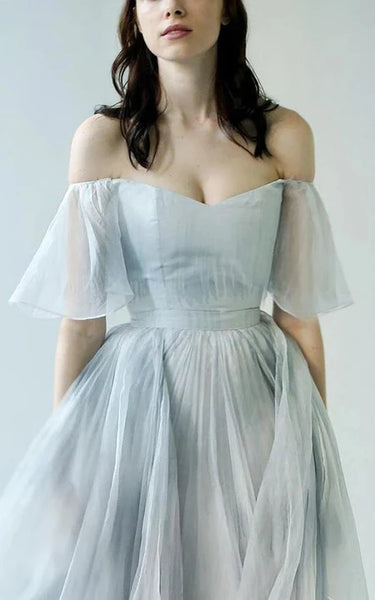 Off-the-shoulder Blue Empire A-line Tulle Dress with Draping