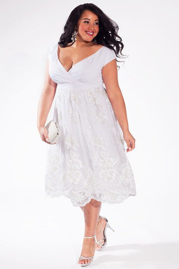 A-line Tea-length Lace Dress With Ruching And Low-V Back