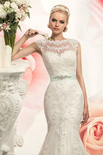 Trumpet Floor-Length Jewel Cap-Sleeve Illusion Lace Dress With Appliques And Waist Jewellery