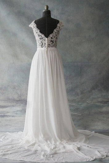 Cap Sleeve Chiffon and Lace Dress With Low-V Back