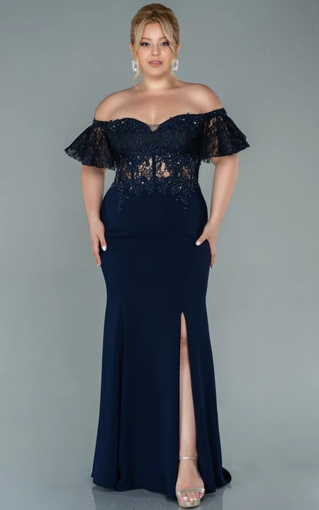 Sexy šaty s odhalenými rameny, rozparkem vpředu, z šifonu, společenské, plus size, s krajkovou aplikací