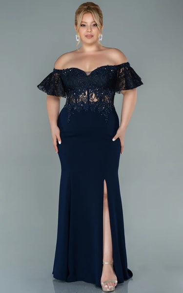 Sexy Off-the-shoulder Sheath Front Split Chiffon Prom Plus Size Dress with Lace Applique