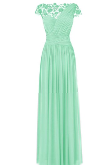 Lace Cap-sleeve One-shoulder Pleated Chiffon A-line Dress