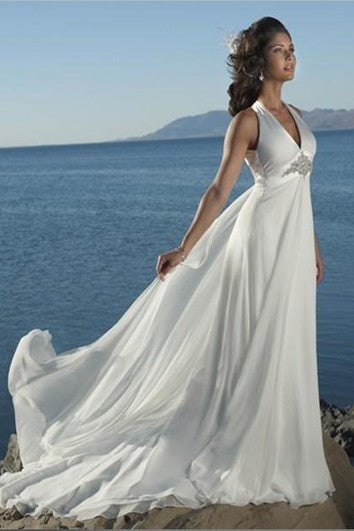 Vestido de boda de la playa de chifón en v-cuello de la bandeja