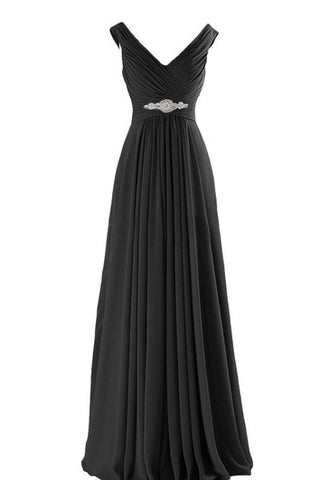 V-neck A-line Long Chiffon Gown With Pleats and Beadings