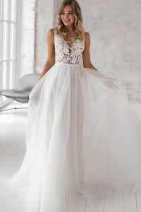 Bohemian V-neck A Line Lace and Tulle Sweep Train Wedding Dress with Appliques