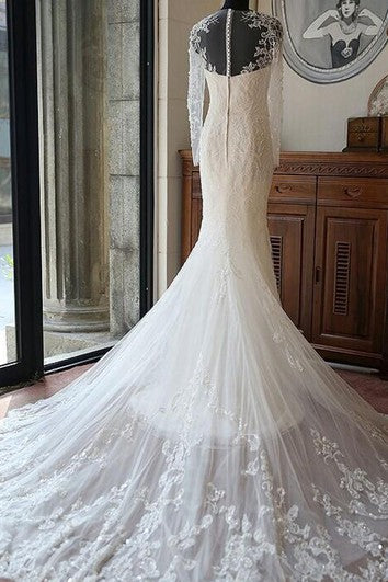 Illusion Scoop-neck Long Sleeve Mermaid Wedding Dress With Beading And Chapel Train