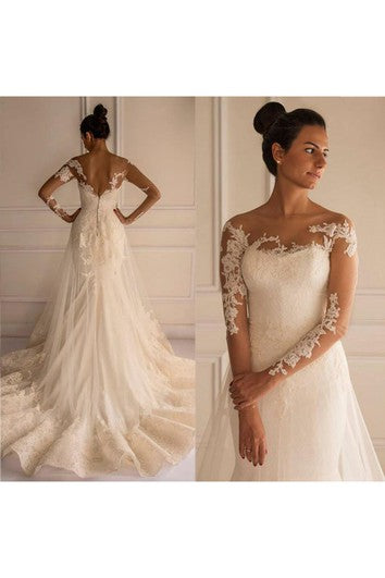 Chic Lace Appliques Mermaid Tulle Wedding Dress Court Train