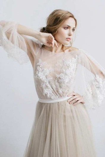 Flowy Illusion Tulle Pleated Dress With Floral Appliques And Deep-V Back