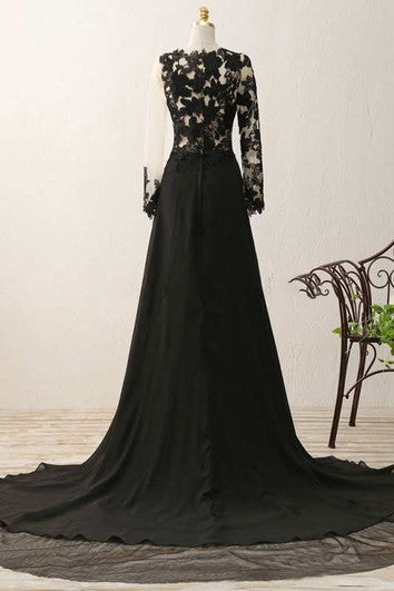 Illusion Lace Long Sleeve A-line Long Chiffon Gown