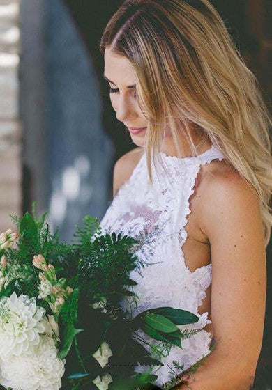 Sexy Bohemian High Neck Front Beach Playa simple Vestido de novia sin espalda sin espalda