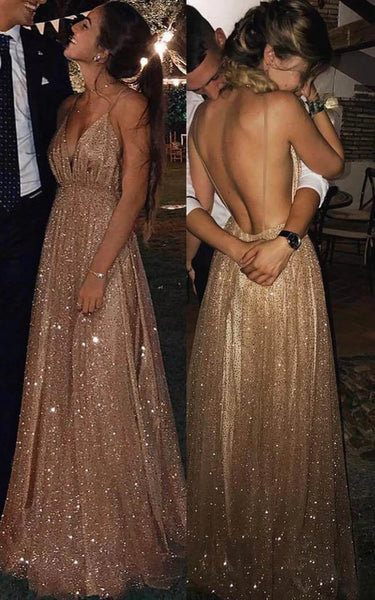 Sexy Plunged Spaghetti Empire A-line Sequin Prom Dress