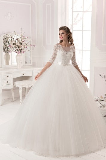 Ball Gown Lace&Tulle Long Sleeve Dress with Crystal Detailing