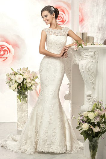 Mermaid Long Bateau Cap-Sleeve Illusion Lace Dress With Appliques